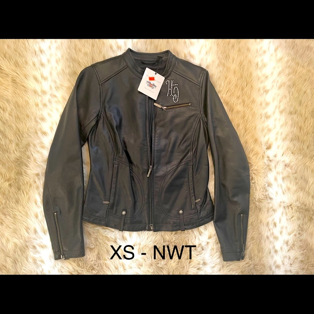 Harley Leather Jacket w/ Jeweled Angel Wings Logo